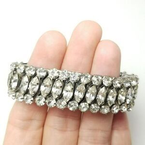 Vintage Three Row Rhinestone Expansion Bracelet, Marquise Shape, Estate